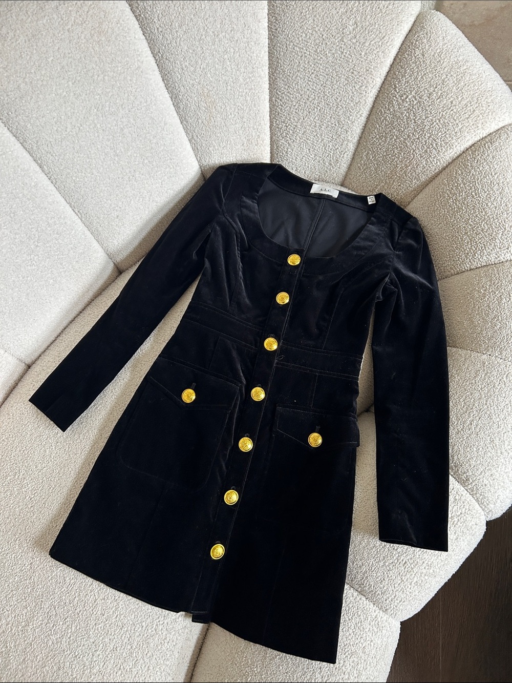 A.L.C. Black Velvet Long-Sleeve Dress with Gold Buttons